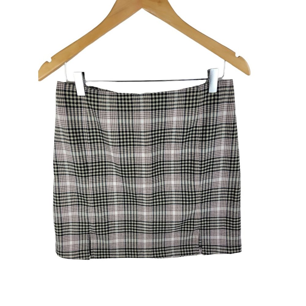 Plaid mini skirt bodycon size 10 black cream pink
